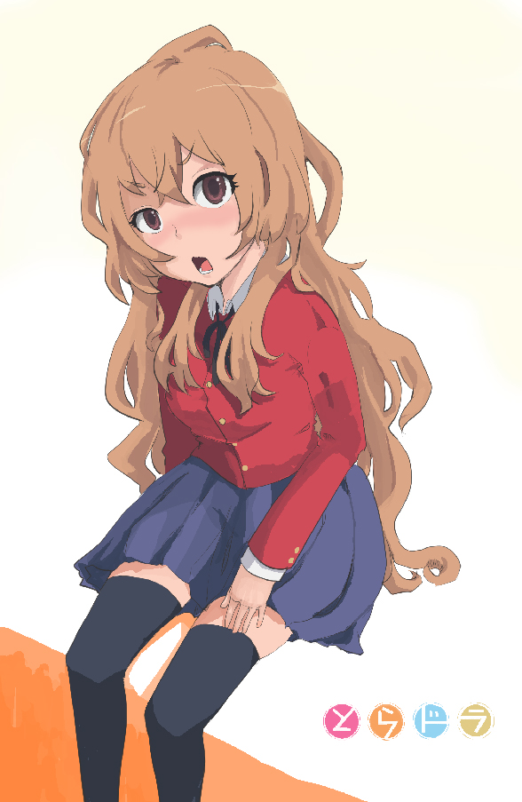 yac (mokkori), aisaka taiga, toradora!, 00s, brown eyes, brown hair, long hair, school uniform, sitting, solo, thighhighs