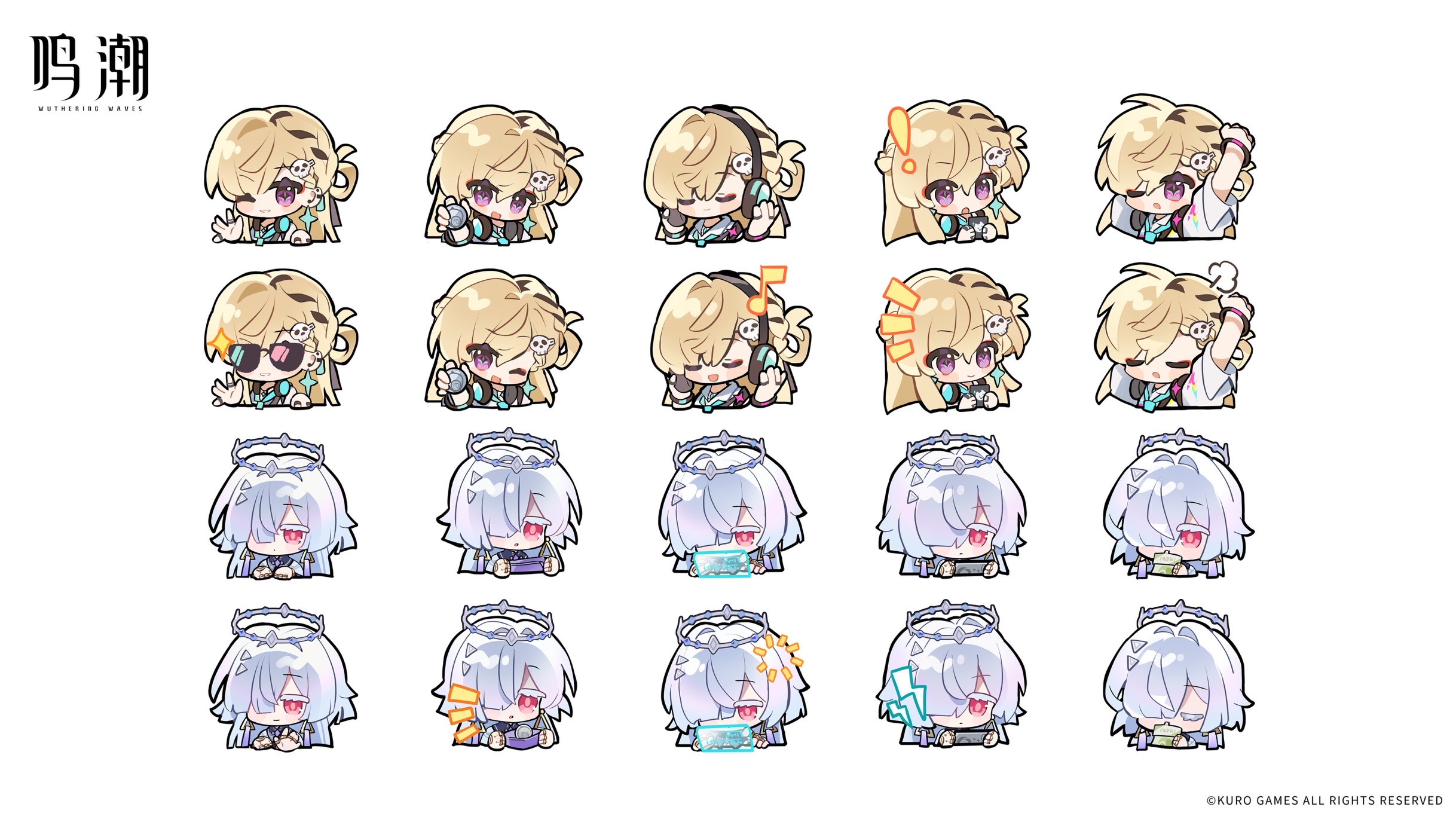 saucer (saucer752), lynae (wuthering waves), mornye (wuthering waves), wuthering waves, chinese commentary, commentary request, highres, 2girls, blonde hair, colored eyelashes, earrings, hair intakes, hair ornament, hair over one eye, halo, headphones, headphones around neck, holographic interface, jewelry, logo, looking at viewer, multiple girls, one eye closed, purple eyes, red eyes, smile, star (symbol), star earrings, sticker sheet (medium)