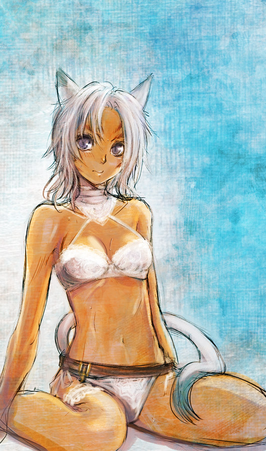 doraeshi, mithra (ff11), final fantasy, final fantasy xi, bad id, bad pixiv id, 00s, 1girl, animal ears, belt, bikini, cat ears, cat girl, cat tail, female focus, halterneck, kneeling, purple eyes, sitting, sketch, solo, swimsuit, tail, thigh strap, wariza, white hair