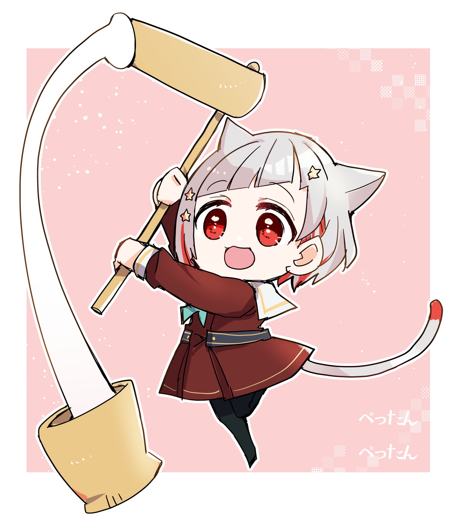 kanduki kamibukuro, yugiri tsuzuri, link! like! love live!, love live!, commentary request, highres, translation request, 1girl, :3, :d, animal ears, aqua neckerchief, black pantyhose, bob cut, border, brown dress, cat ears, cat girl, cat tail, chibi, chibi only, diagonal bangs, dress, grey hair, hair ornament, hasu no sora school uniform, holding, holding mallet, inverted bob, kemonomimi mode, kine, leg up, long sleeves, mallet, mochitsuki, mortar (bowl), multicolored hair, neckerchief, open mouth, pantyhose, pink background, red eyes, red streaks, sailor collar, sailor dress, school uniform, smile, solo, star (symbol), star hair ornament, streaked hair, tail, virtual youtuber, white border, white sailor collar, winter uniform