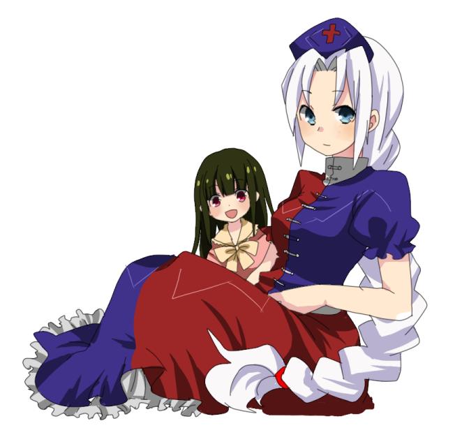 kuzumiya yuyu, houraisan kaguya, yagokoro eirin, touhou, 2girls, blue eyes, female focus, hat, multiple girls, simple background, sitting, white background, white hair