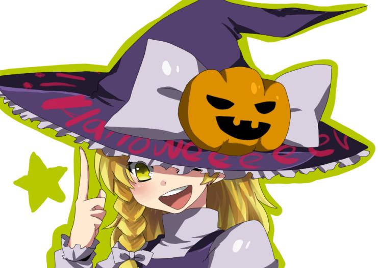kuzumiya yuyu, kirisame marisa, touhou, 1girl, blonde hair, female focus, food-themed hair ornament, hair ornament, halloween, hat, open mouth, pumpkin hair ornament, solo