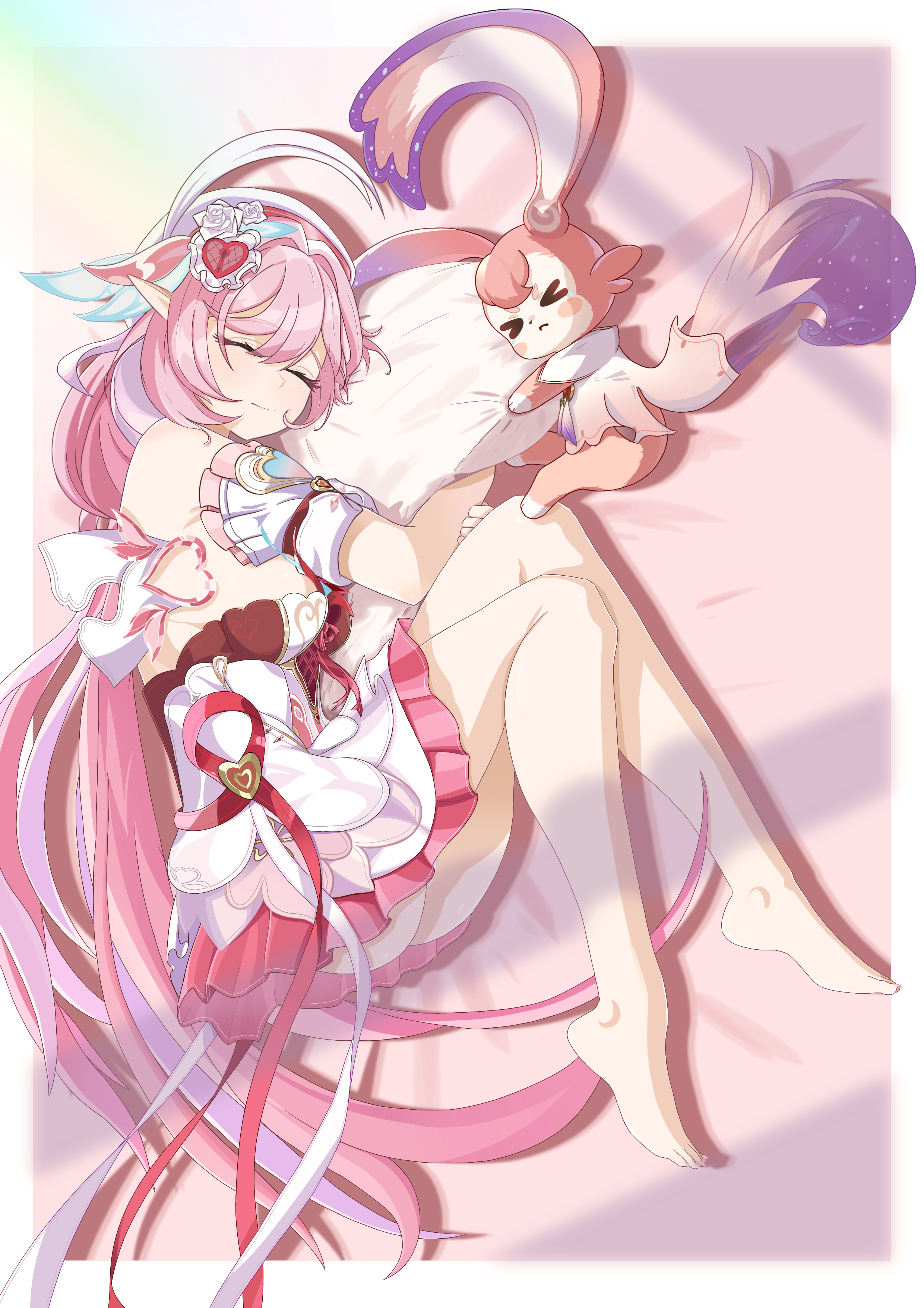 elysia (hi love elf) (honkai impact), elysia (honkai impact), inoue marina, mem (honkai: star rail), honkai: star rail, honkai (series), honkai impact 3rd, absurdres, highres, > <, 1girl, ass, bare legs, barefoot, beret, border, breasts, company connection, dress, elf, feet, hat, hugging object, koichi (miyoushe 81458908), large breasts, legs, long hair, lying, miyoushe watermark, multicolored dress, multicolored hair, on side, pillow, pillow hug, pink dress, pink hair, pointy ears, red dress, tail, two-tone hair, very long hair, voice actor connection, watermark, white border, white dress, white hair, yanning