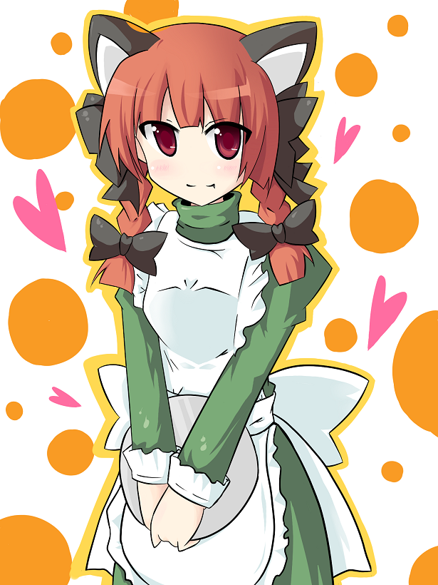 tunamayochan, kaenbyou rin, touhou, bad id, bad pixiv id, 1girl, animal ears, apron, bow, braid, cat ears, cat girl, female focus, hair bow, long hair, maid, maid apron, multiple hair bows, red eyes, red hair, solo, tray, twin braids