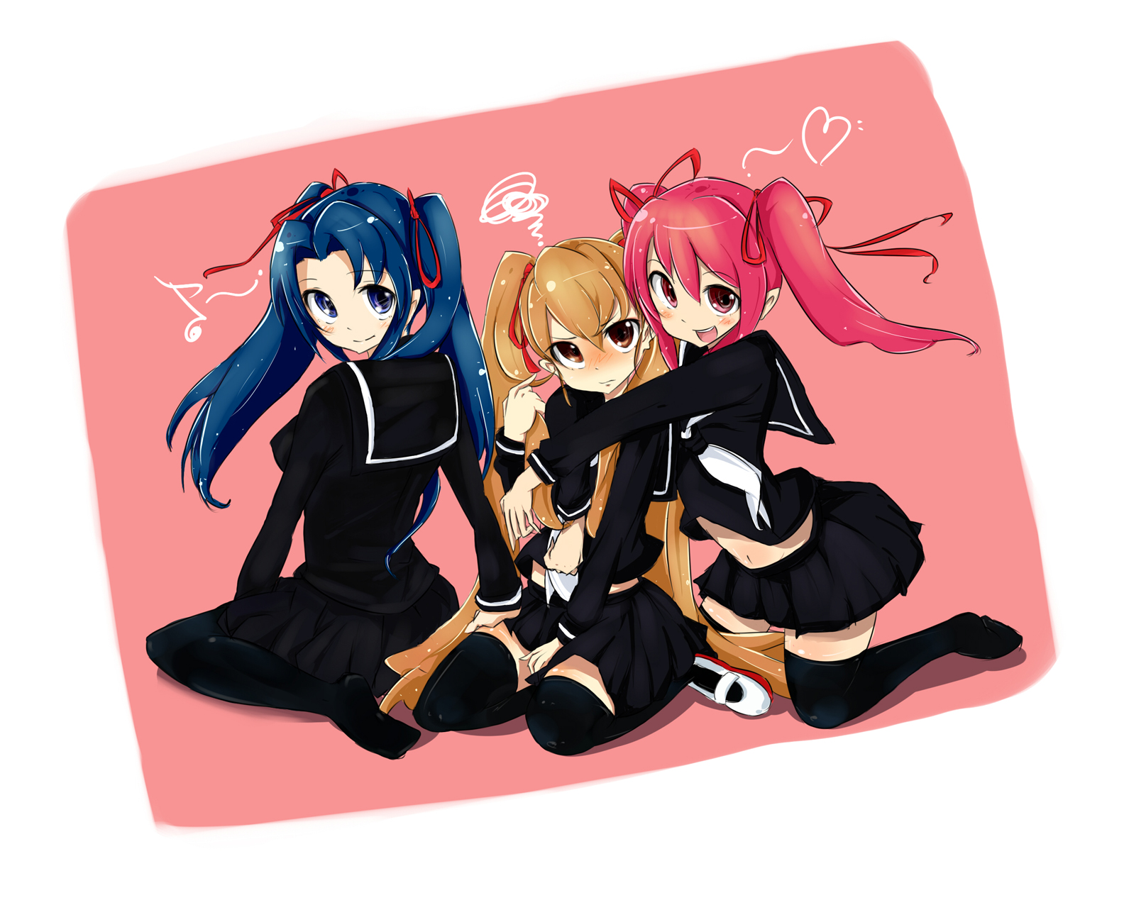 zukaketawagase, aisaka taiga, kawashima ami, kushieda minori, toradora!, highres, 00s, 3girls, alternate hairstyle, black serafuku, blue eyes, blue hair, blush, bow, brown eyes, brown hair, feet, hug, midriff, multiple girls, navel, red hair, ribbon, school uniform, serafuku, skirt, smile, thighhighs, twintails, zettai ryouiki