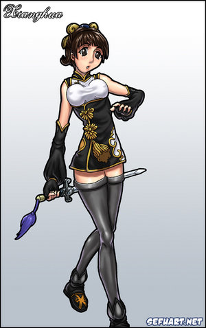 speh, chai xianghua, soul calibur, soulcalibur, soulcalibur iii, lowres, 1girl, alternate costume, brown eyes, brown hair, character name, female focus, solo, standing, sword, thighhighs, weapon, zettai ryouiki