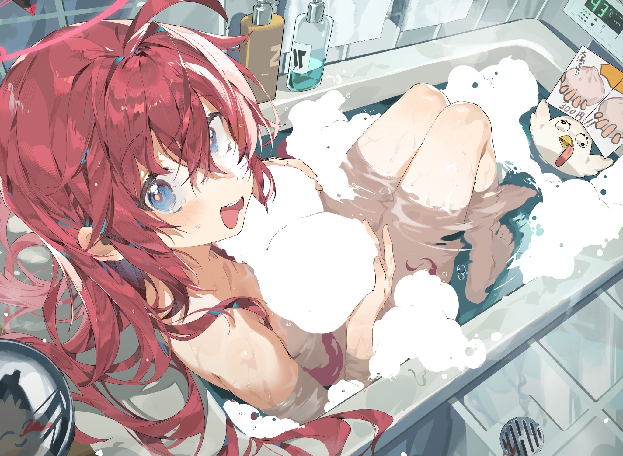 b zhan cm yang, doodle sensei (blue archive), maki (blue archive), peroro (blue archive), sensei (blue archive), blue archive, commentary request, highres, 1girl, :o, ahoge, bathing, bathtub, breasts, character doll, completely nude, doll, hair between eyes, halo, in bathtub, indoors, knees up, large breasts, long hair, looking at viewer, nude, partially submerged, red hair, reflection, refraction, shampoo bottle, sitting, solo, tile wall, tiles, very long hair, wavy mouth