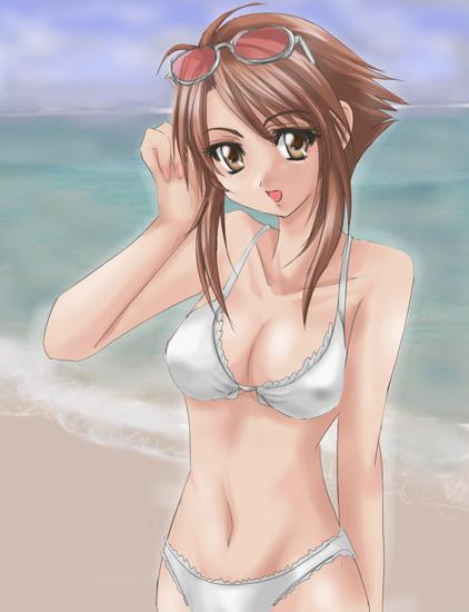 1041 (toshikazu), chai xianghua, soul calibur, jpeg artifacts, tagme, 1girl, :d, beach, bikini, brown eyes, brown hair, looking at viewer, midriff, navel, ocean, open mouth, sky, smile, solo, sunglasses, sunglasses on head, swimsuit, water
