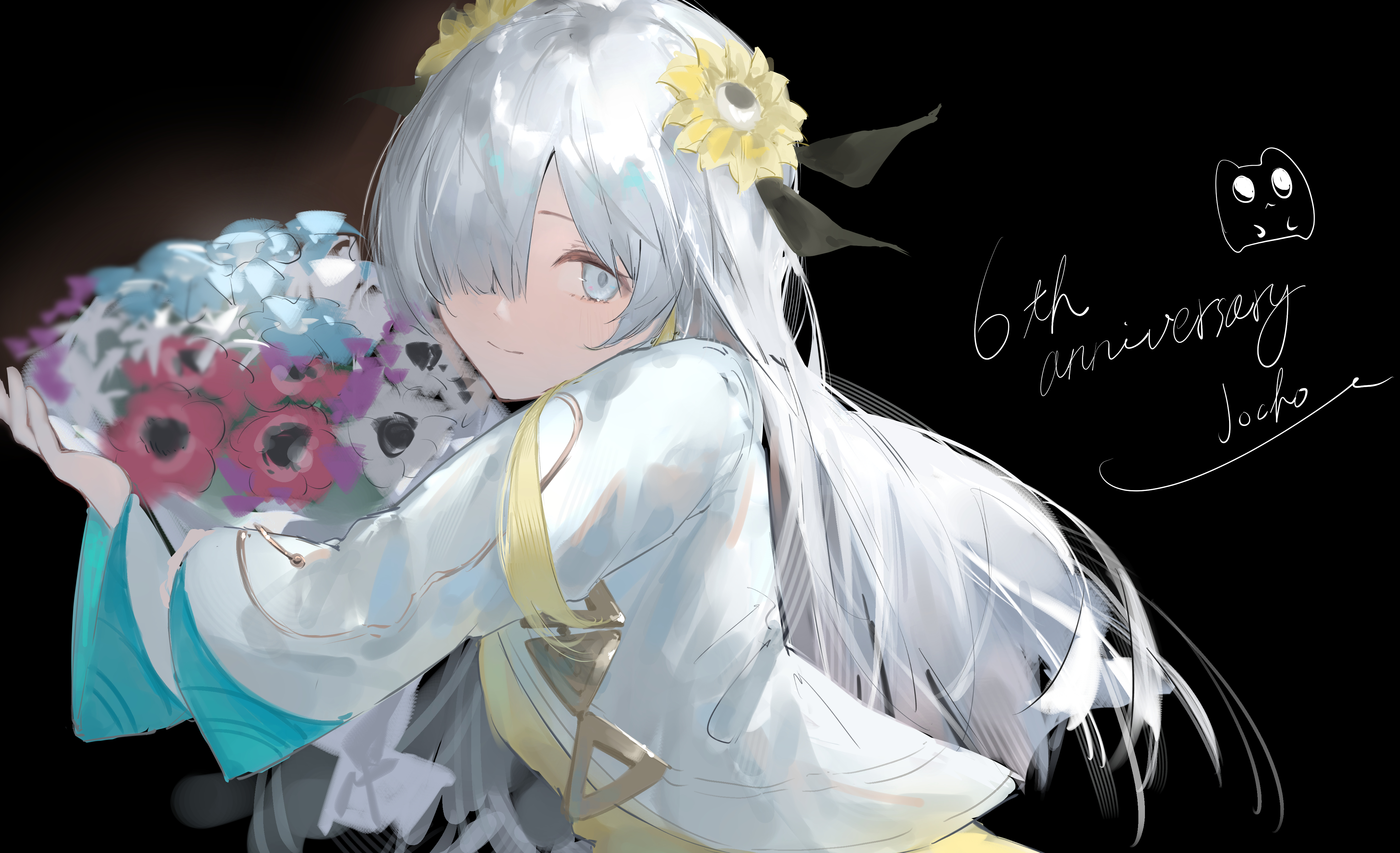 nanami alice, isekaijoucho, kamitsubaki studio, absurdres, chinese commentary, commentary request, highres, 1girl, anniversary, aqua jacket, black background, blue flower, bouquet, closed mouth, flower, grey eyes, hair flower, hair ornament, hair over one eye, holding, holding bouquet, jacket, light smile, long hair, long sleeves, looking at viewer, multicolored jacket, red flower, simple background, solo, upper body, white flower, white hair, white jacket, yellow flower, yellow jacket