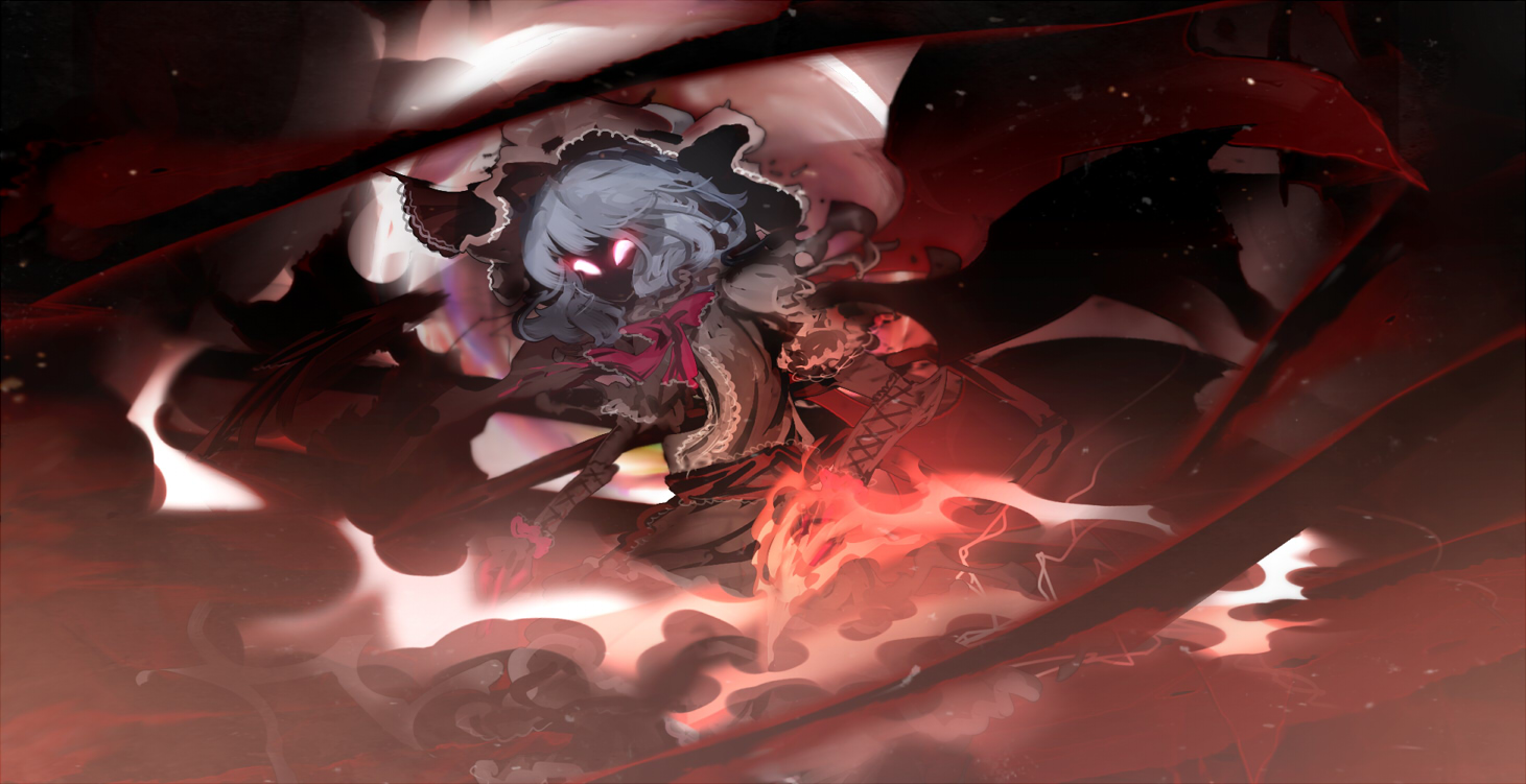 yoshioka yoshiko, remilia scarlet, touhou, 1girl, blue hair, dress, female focus, glowing, glowing eyes, moon, ribbon-trimmed dress, ribbon trim, short hair, solo