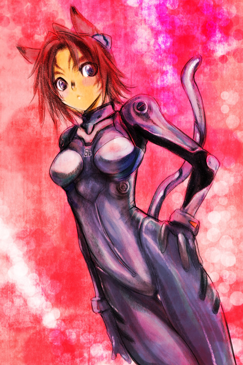 doraeshi, mithra (ff11), final fantasy, final fantasy xi, neon genesis evangelion, bad id, bad pixiv id, 1girl, alternate costume, animal ears, bodysuit, bracer, cat ears, cat girl, cat tail, cosplay, cowboy shot, dutch angle, facial mark, female focus, forehead mark, gloves, hair ornament, hand on own hip, headgear, looking at viewer, mecha pilot suit, plugsuit (cosplay), plugsuit (evangelion), purple bodysuit, purple eyes, red background, red hair, short hair, skin tight, solo, tail, tan, turtleneck
