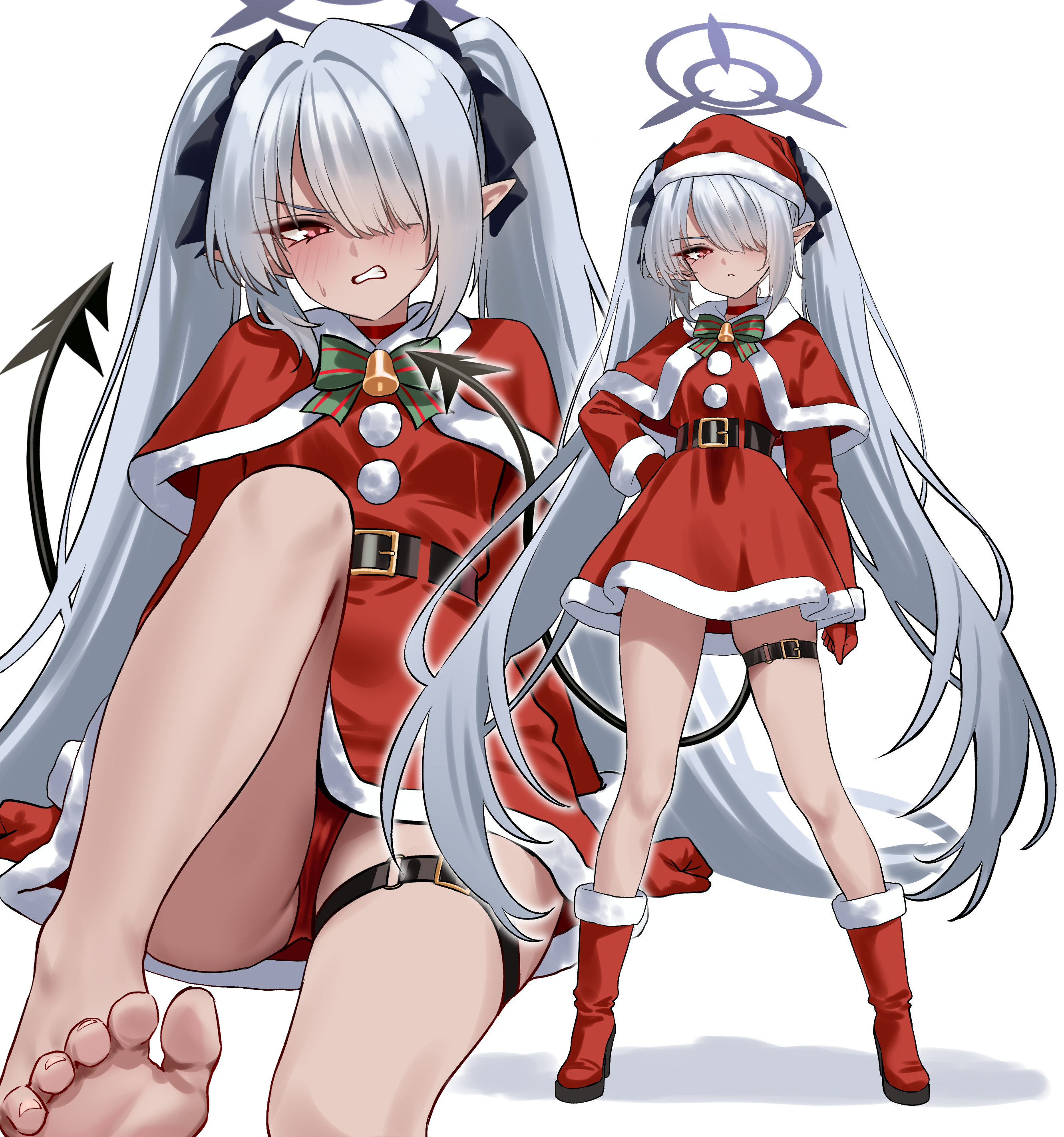 shigure s, iori (blue archive), blue archive, absurdres, chinese commentary, commentary, english commentary, highres, mixed-language commentary, 1girl, alternate costume, barefoot, boots, closed mouth, feet, fur-trimmed headwear, fur trim, gloves, grey hair, hair over one eye, halo, hat, knee boots, long hair, long sleeves, multiple views, one eye covered, panties, pointy ears, red boots, red eyes, red gloves, red hat, red panties, santa costume, santa hat, simple background, sitting, standing, tail, teeth, thigh strap, thighs, toes, twintails, underwear, very long hair, white background