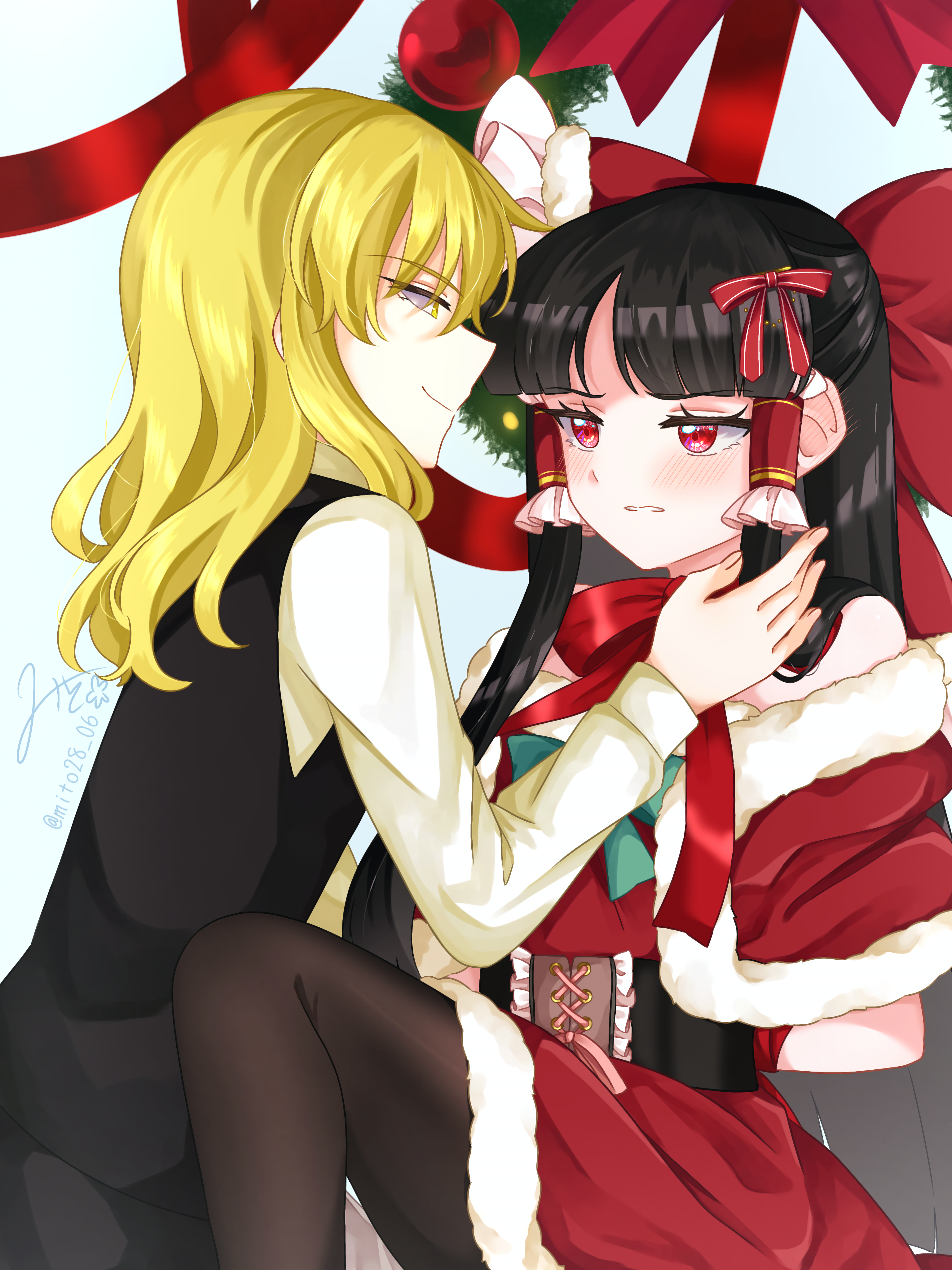 mito (fate), hakurei reimu, kirisame marisa, touhou, absurdres, commentary request, highres, 2girls, alternate costume, arms behind back, black vest, blonde hair, blush, bound, bound wrists, bow, brown hair, brown pantyhose, christmas, closed mouth, dress, frilled hair tubes, frills, fur-trimmed dress, fur trim, hair bow, hair tubes, long hair, long sleeves, multiple girls, pantyhose, red bow, red dress, red eyes, signature, smile, twitter username, very long hair, vest, yellow eyes, yuri