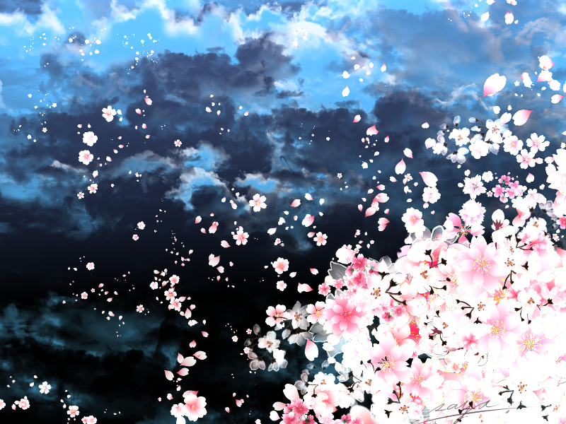 saya (pixiv6311273), original, commentary, cloud, cloudy sky, falling flower, falling petals, flower, flower focus, no humans, petals, pink flower, sky