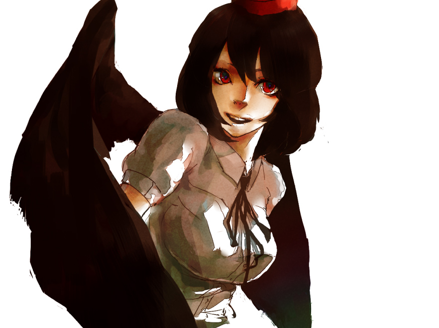 kg, shadlow, shameimaru aya, touhou, bad id, bad pixiv id, 1girl, black hair, black wings, female focus, hat, looking at viewer, open mouth, red eyes, ribbon, short hair, smile, solo, tokin hat, wings
