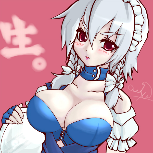 oujyu, owju (ouju), izayoi sakuya, touhou, silver hair, 1girl, braid, female focus, red eyes, short hair, solo, twin braids