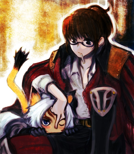 doraeshi, mithra (ff11), final fantasy, final fantasy xi, bad id, bad pixiv id, 00s, 1girl, androgynous, animal ears, blush, cat ears, cat tail, cigarette, coat, glasses, gloves, hume, one eye closed, open clothes, open shirt, paw pose, ponytail, shirt, tail, white hair, wink