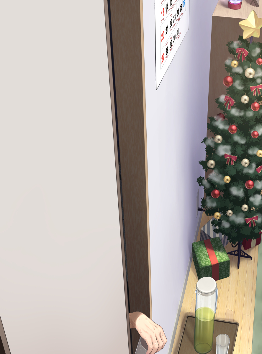 matanonki, idolmaster, idolmaster cinderella girls, commentary request, highres, 1boy, box, calendar (object), christmas, christmas tree, cup, door, gift, gift box, glass, holding, holding cup, indoors, wooden floor