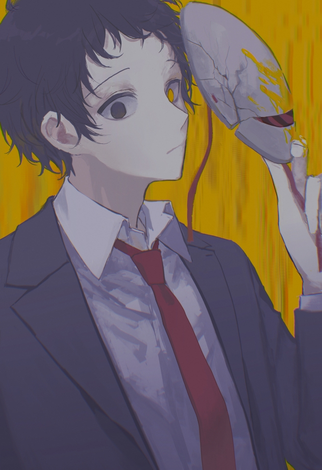 stille 03, adachi tooru, persona, persona 4, commentary request, 1boy, black eyes, black jacket, closed mouth, collared shirt, cracked mask, heterochromia, holding, holding mask, jacket, looking at viewer, male focus, mask, messy hair, necktie, red necktie, shirt, solo, upper body, white shirt, yellow background
