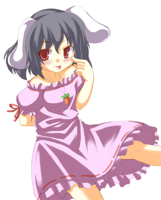 kyouyama (kuromon), inaba tewi, touhou, 1girl, animal ears, carrot, female focus, rabbit ears, red eyes, short hair, simple background, sitting, solo, white background