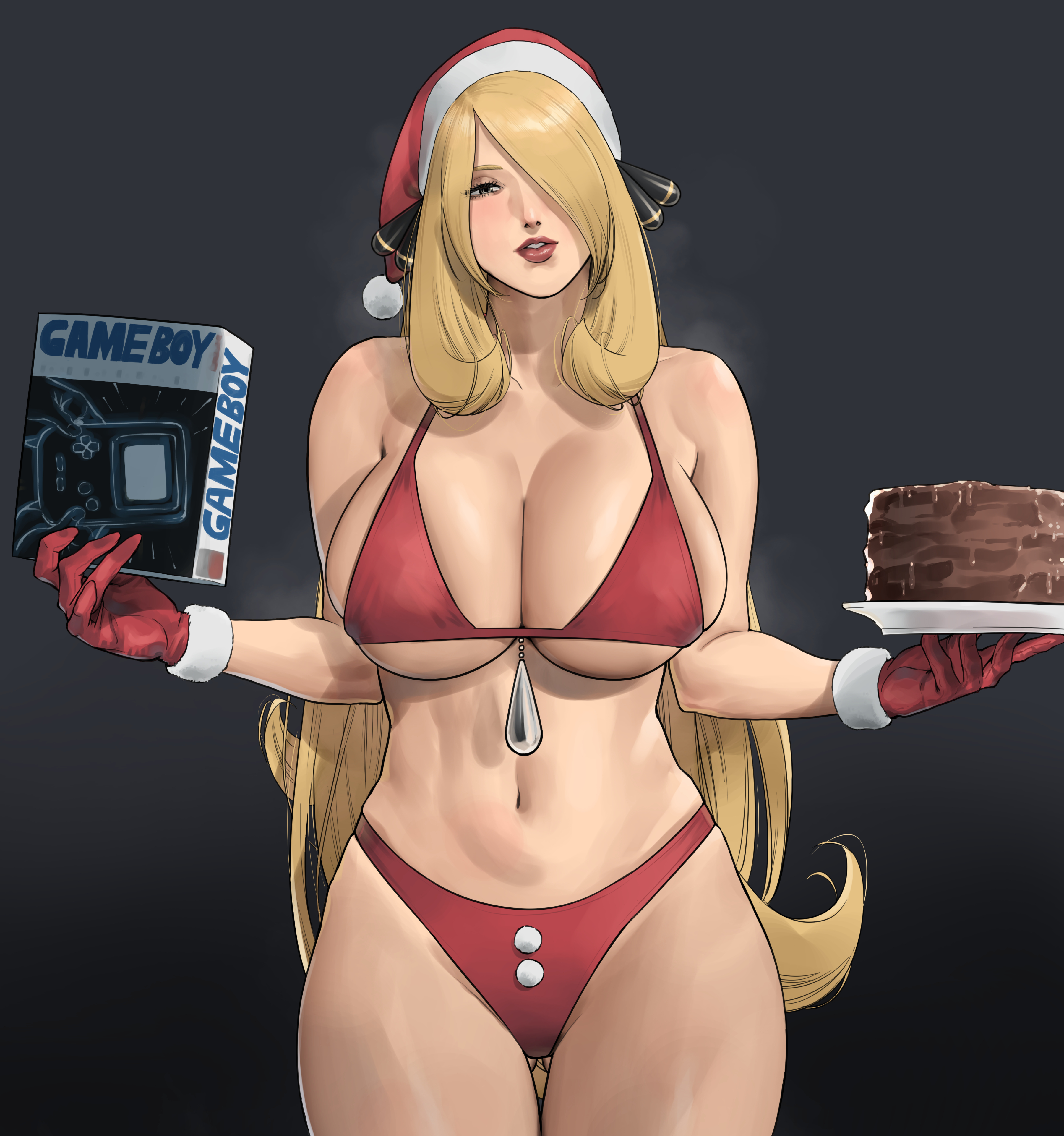 wasabishouyu, cynthia (pokemon), nintendo, pokemon, pokemon dppt, absurdres, commentary request, highres, 1girl, bikini, blonde hair, breasts, cake, chocolate cake, christmas, collarbone, covered erect nipples, cowboy shot, curvy, food, game boy, gloves, gluteal fold, grey eyes, hair over one eye, handheld game console, hat, holding, holding food, holding plate, huge breasts, long hair, looking at viewer, micro bikini, parted lips, plate, red bikini, red gloves, red lips, santa hat, solo, swimsuit, very long hair, wide hips