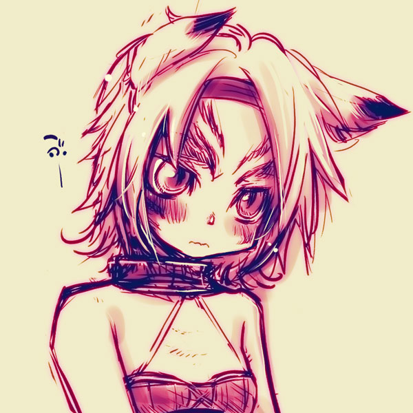 doraeshi, mithra (ff11), final fantasy, final fantasy xi, bad id, bad pixiv id, 00s, 1girl, animal ears, blush, cat ears, female focus, flat chest, hairband, halterneck, monochrome, pink theme, portrait, solo, upper body, wavy mouth, yellow background