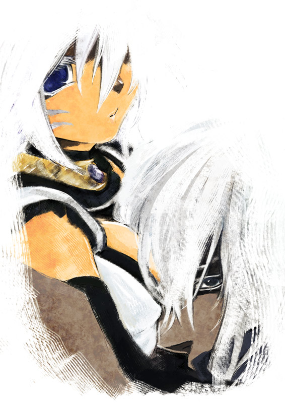 doraeshi, elvaan, mithra (ff11), final fantasy, final fantasy xi, bad id, bad pixiv id, 00s, 1boy, 1girl, animal ears, cat ears, dark-skinned male, dark skin, elf, hair over one eye, hetero, hug, pointy ears, purple eyes, white hair