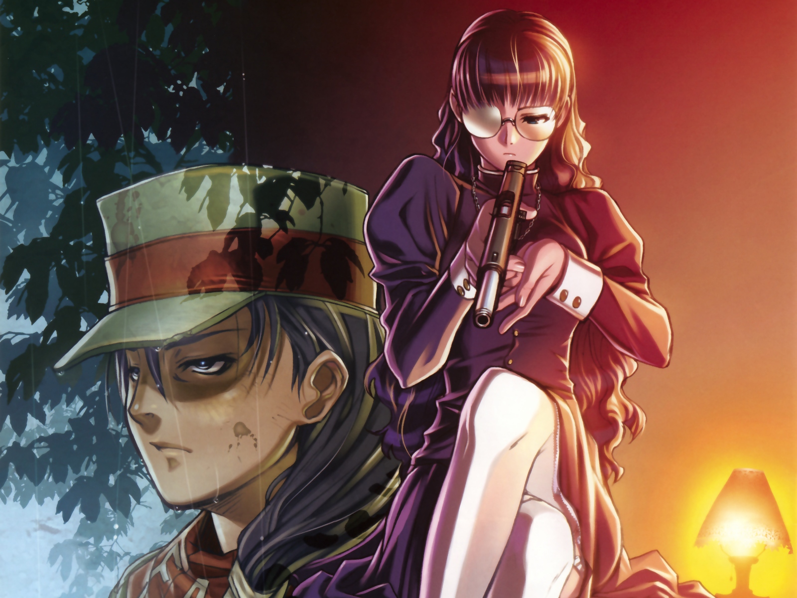 hiroe rei, roberta (black lagoon), black lagoon, cropped, highres, non-web source, official art, 00s, 1girl, crossed legs, glasses, gun, hat, long hair, maid, military, military uniform, rain, sitting, thighhighs, weapon