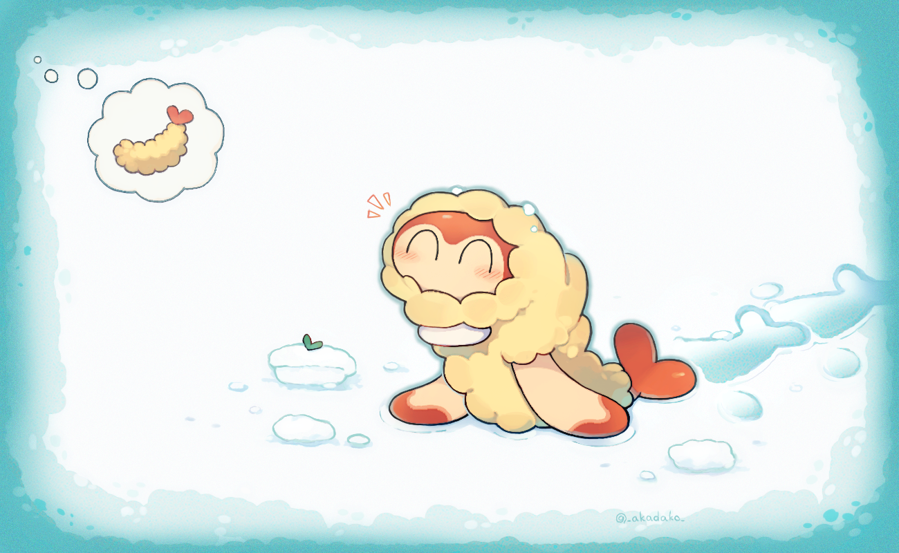 akadako, tatsugiri, tatsugiri (curly), nintendo, pokemon, commentary request, animal focus, blush, closed eyes, food, full body, happy, no humans, pokemon (creature), shrimp, shrimp tempura, smile, snow, solo, speech bubble, spoken food, tempura, thought bubble