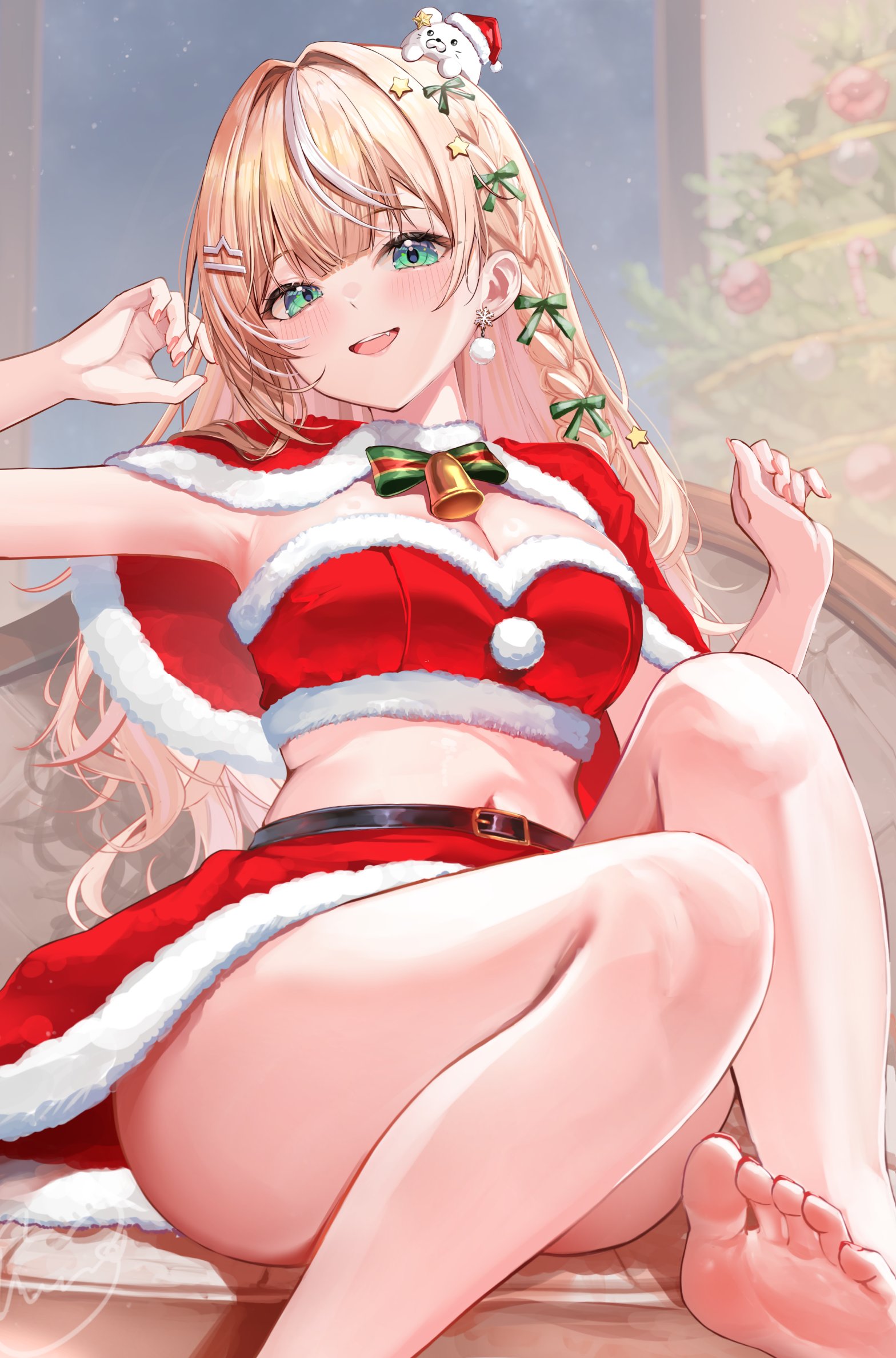 horo 27, igarashi rika, nijisanji, highres, 1girl, arm up, armpits, barefoot, bell, belt, black belt, blonde hair, blunt bangs, bow, bowtie, capelet, christmas tree, crop top, dress, earrings, foot out of frame, fur-trimmed capelet, fur-trimmed shirt, fur-trimmed skirt, fur trim, green bow, green bowtie, green eyes, hair bow, hair intakes, indoors, jewelry, legs, long hair, looking at viewer, midriff, multicolored hair, navel, neck bell, official alternate hairstyle, open mouth, red capelet, red shirt, red skirt, santa costume, santa dress, shirt, signature, sitting, skirt, smile, solo, strapless, strapless shirt, streaked hair, two-tone hair, virtual youtuber, white streaks
