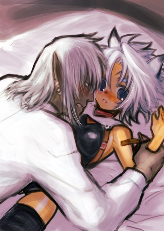 doraeshi, elvaan, mithra (ff11), final fantasy, final fantasy xi, arm grab, bad id, bad pixiv id, 00s, 1boy, 1girl, animal ears, blush, breasts, cat ears, dark-skinned male, dark skin, earrings, elf, jewelry, leotard, lying, medium breasts, on back, pointy ears, purple eyes, sideboob, size difference, thighhighs, white hair