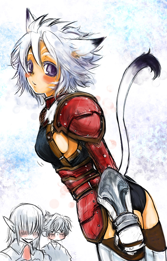 doraeshi, elvaan, mithra (ff11), final fantasy, final fantasy xi, bad id, bad pixiv id, 00s, 1girl, 2boys, animal ears, armor, blush, boots, breasts, cat ears, cat girl, cat tail, dutch angle, elf, faceless, faceless male, gauntlets, glasses, hume, leotard, multiple boys, pointy ears, purple eyes, sideboob, tail, thigh boots, thighhighs, white hair