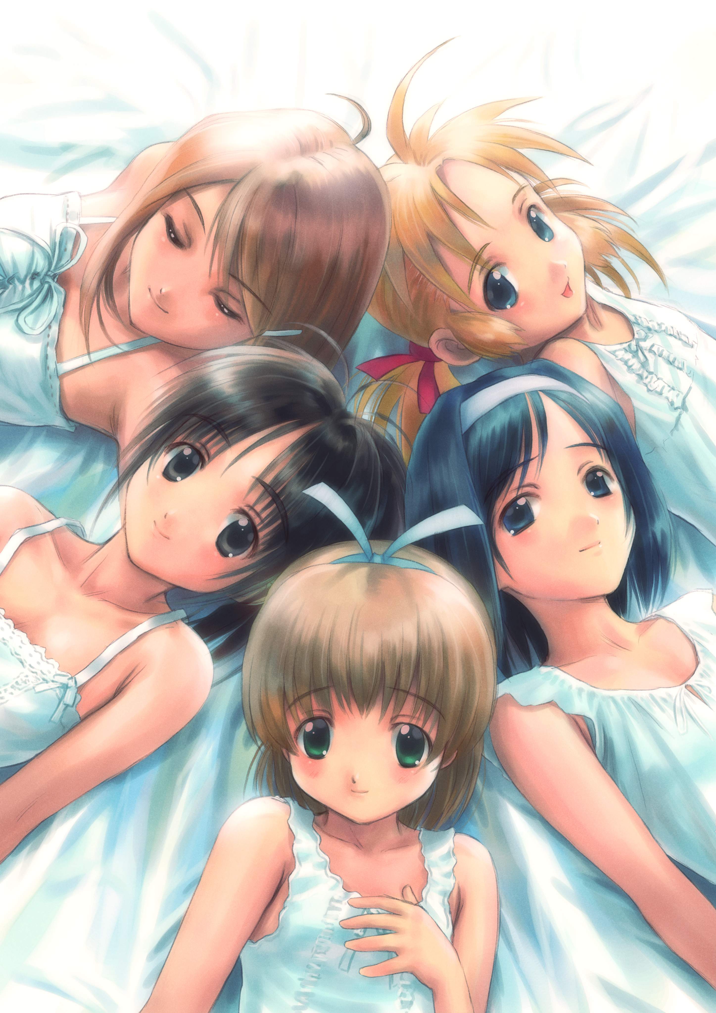goto p, akimo ayame, fuyude yuri, haruno sakura (wandaba style), kiku 8, natsuwa himawari, wandaba style, absurdres, highres, 00s, 5girls, ahoge, bed, everyone, lingerie, multiple girls, ponytail, swept bangs, underwear
