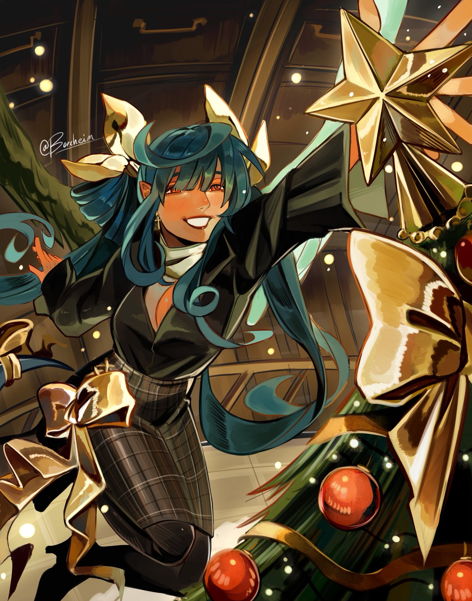 borcheim, dizzy (guilty gear), guilty gear, commentary, english commentary, highres, 1girl, angel wings, asymmetrical wings, black boots, black shirt, blue hair, boots, christmas, christmas lights, christmas ornaments, christmas star, christmas tree, cross, cross earrings, decorating, decorating christmas tree, earrings, foreshortening, from above, gold bow, gold ribbon, hair ribbon, high heel boots, high heels, indoors, jewelry, long hair, monster girl, plaid clothes, plaid skirt, reaching, red eyes, ribbon, scarf, shirt, shirt tucked in, signature, skirt, smile, solo, star (symbol), tail, tail ornament, tail ribbon, teeth, tree-topper, white scarf, wings, yellow ribbon
