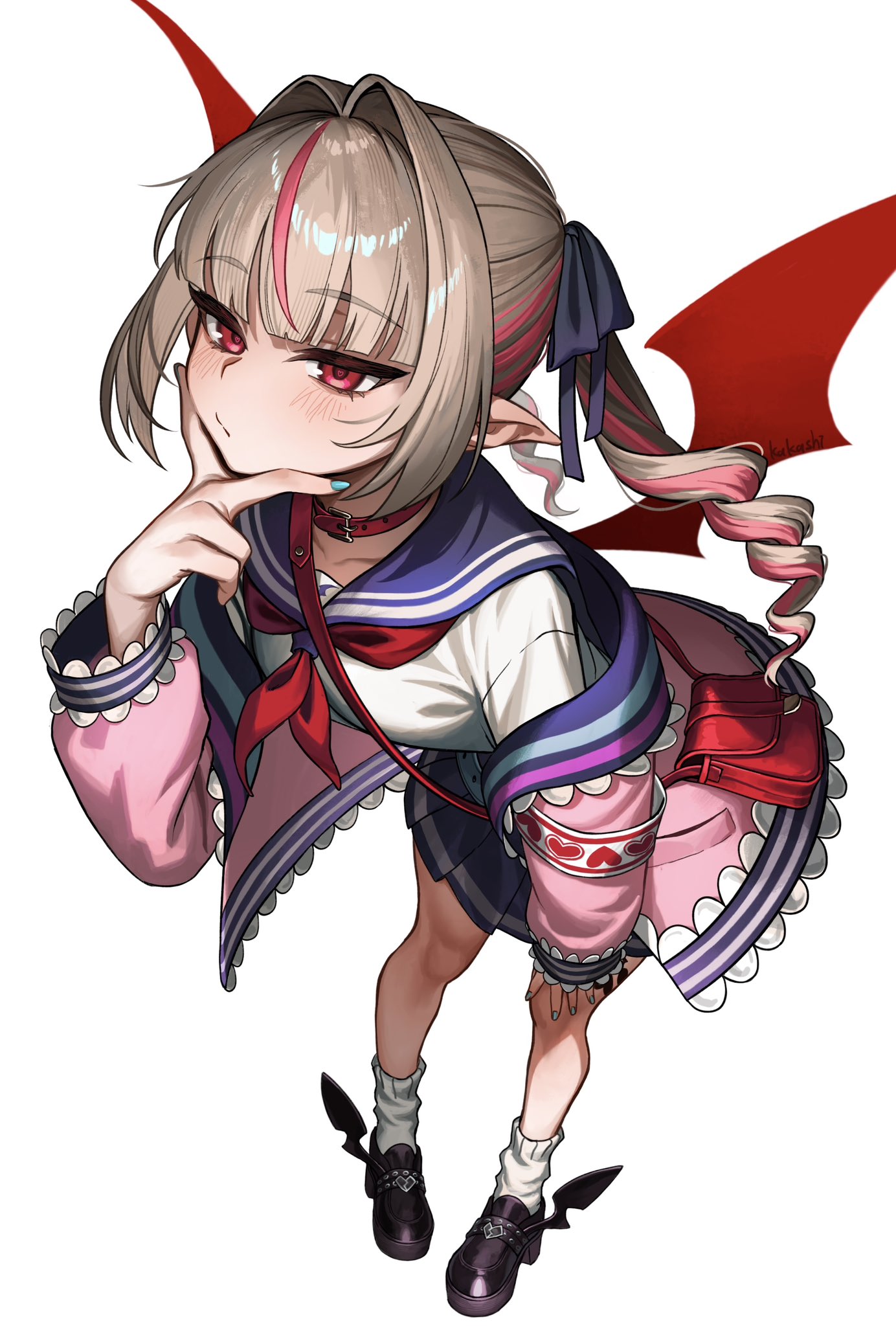 makaino ririmu, makaino ririmu (4th costume), nijisanji, hashtag-only commentary, highres, 1girl, alternate hairstyle, aqua belt, aqua nails, armband, bag, belt, belt collar, black shoes, blonde hair, blue ribbon, blue sailor collar, blue skirt, blunt bangs, blush, closed mouth, collar, colored inner hair, demon wings, drill hair, full body, hair intakes, hair ribbon, hand on own knee, handbag, heart, jacket, kakashi (ka kshi), leaning forward, leg tattoo, long hair, loose belt, loose socks, miniskirt, multicolored hair, nail polish, neckerchief, off shoulder, open clothes, open jacket, pink hair, pink jacket, pink streaks, platform shoes, pleated skirt, pointy ears, red bag, red collar, red eyes, red neckerchief, red wings, ribbon, sailor collar, school uniform, serafuku, shirt, shoes, shoulder bag, sidelocks, signature, simple background, skirt, socks, solo, standing, streaked hair, tattoo, twintails, two-tone hair, v, v over mouth, virtual youtuber, white background, white shirt, white socks, winged shoes, wings