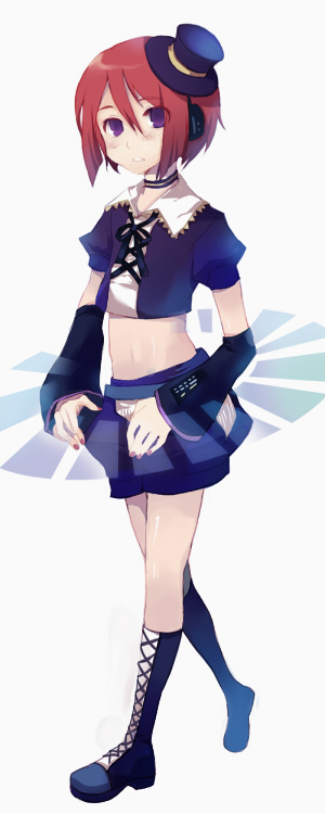 maruko, namine ritsu, utau, vocaloid, 1boy, crossdressing, crossdressing (mtf), male focus, midriff, navel, red hair, solo, trap