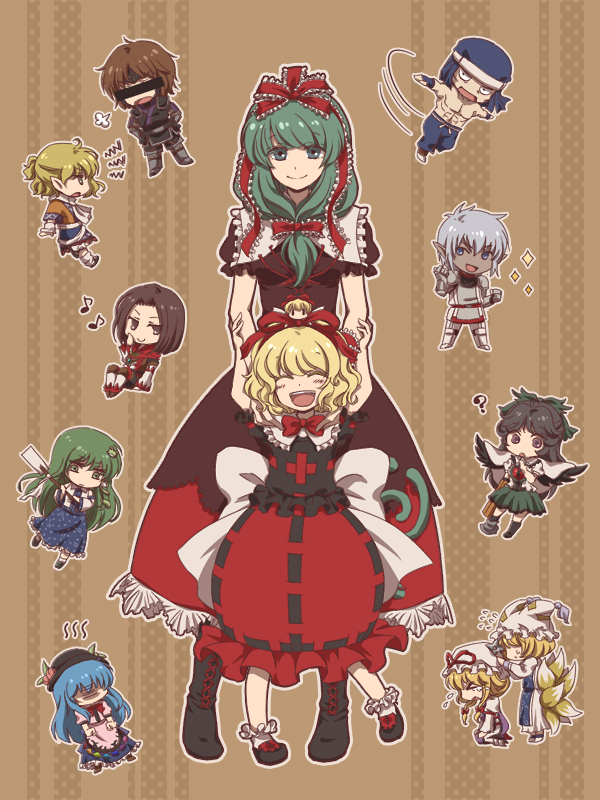 meg (artist), meg maru2, buront, elvaan, final tatsuya, hinanawi tenshi, jin fu-ha, kagiyama hina, kitanai ninja, kochiya sanae, medicine melancholy, mizuhashi parsee, ninja (final fantasy), paladin (final fantasy), reiuji utsuho, su-san, usuhime, white mage (final fantasy), yakumo ran, yakumo yukari, final fantasy, final fantasy xi, the iron of yin and yang, touhou, bad id, bad pixiv id, 00s, 6+girls, brown background, bubble skirt, crossover, elf, everyone, front ponytail, multiple crossover, multiple girls, ninja, paladin, pointy ears, skirt