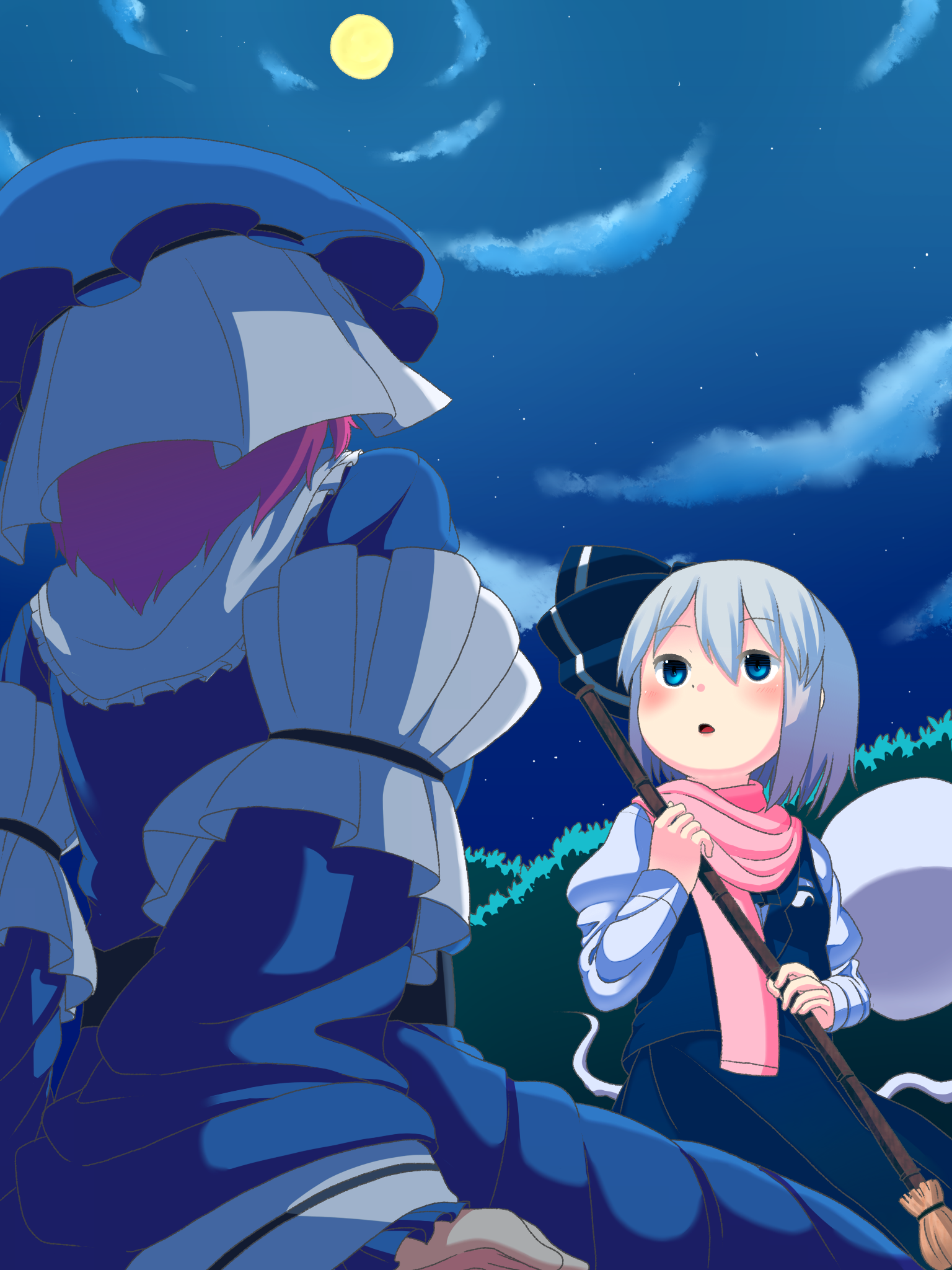 muku (muku-coffee), konpaku youmu, konpaku youmu (ghost), saigyouji yuyuko, touhou, silver hair, highres, 2girls, arm support, bamboo broom, blue eyes, broom, female focus, from behind, full moon, ghost, hairband, hat, looking up, moon, multiple girls, night, pink hair, scarf, short hair, sitting, sky, standing