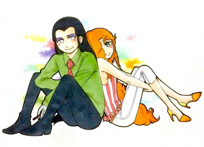 jack barbarosa bancoran, maraich juschenfe, patalliro!, commentary request, 2boys, :>, aqua eyes, arms between legs, back-to-back, bare arms, bare shoulders, belt, black hair, black pants, black shoes, blush, brown belt, capri pants, cigarette, closed mouth, curly hair, diagonal-striped clothes, diagonal-striped necktie, eyeshadow, from side, fukunishi23, full body, gloves, green shirt, high heels, holding, holding cigarette, hugging own legs, invisible floor, knees up, long hair, long sleeves, looking at viewer, low-cut armhole, makeup, male focus, multi-source commentary, multiple boys, necktie, no socks, orange hair, orange shoes, pants, pumps, purple eyeshadow, red necktie, shirt, shoes, sidelocks, sitting, smile, striped clothes, striped shirt, trap, turning head, very long hair, white background, white eyes, white gloves, white pants, wing collar, yaoi