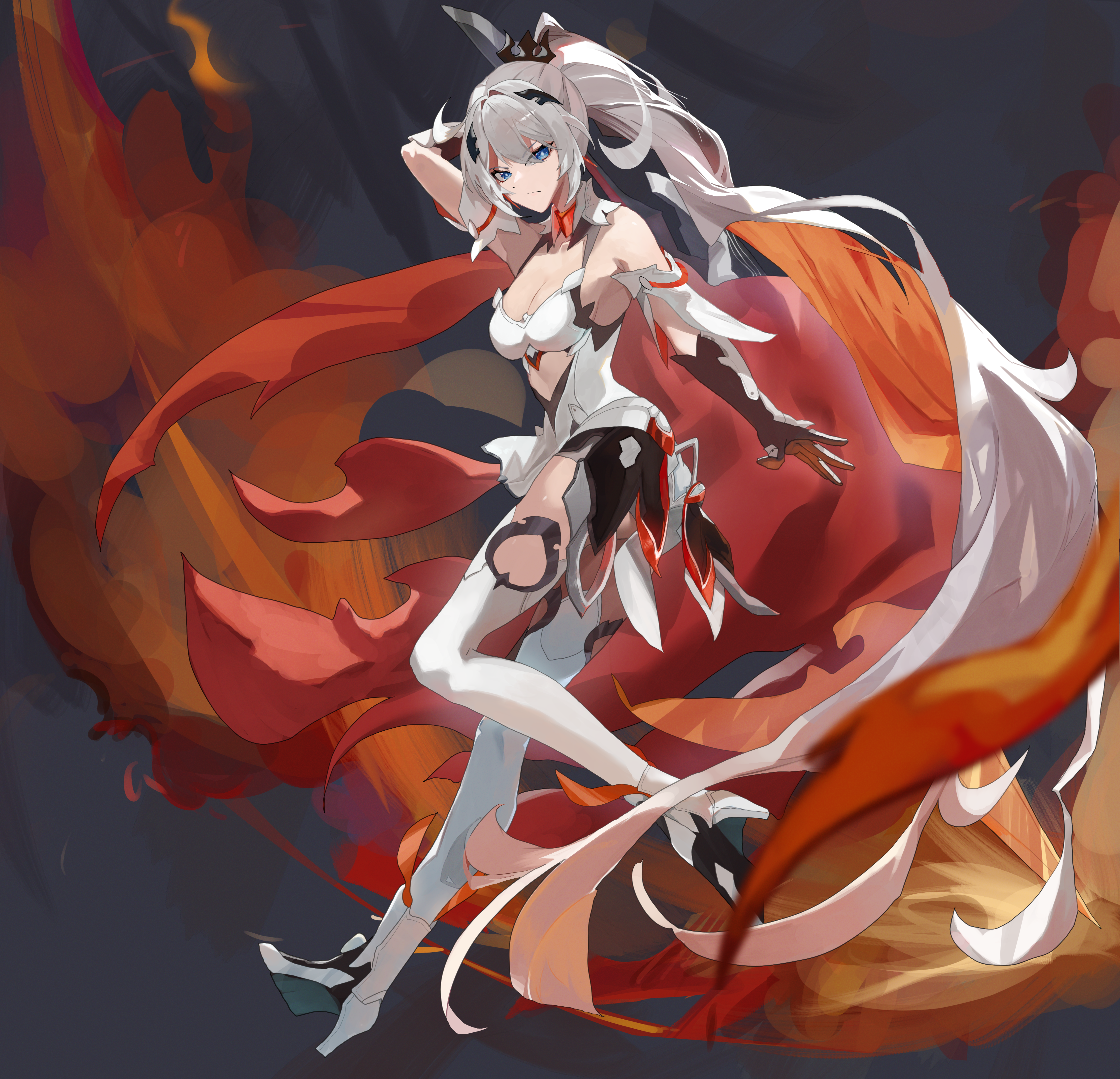 harutoman, kiana kaslana, kiana kaslana (herrscher of flamescion), honkai (series), honkai impact 3rd, absurdres, commentary request, highres, 1girl, black gloves, blue eyes, boots, breasts, cape, clothing cutout, dress, fire, from side, full body, gloves, high heels, holding, holding sword, holding weapon, long hair, looking at viewer, looking to the side, medium breasts, ponytail, sleeveless, sleeveless dress, solo, stomach cutout, sword, thigh boots, very long hair, weapon, white boots, white dress, white hair