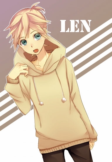 okurasaboten, kagamine len, vocaloid, 1boy, blonde hair, blue eyes, hood, hoodie, male focus, short hair, solo