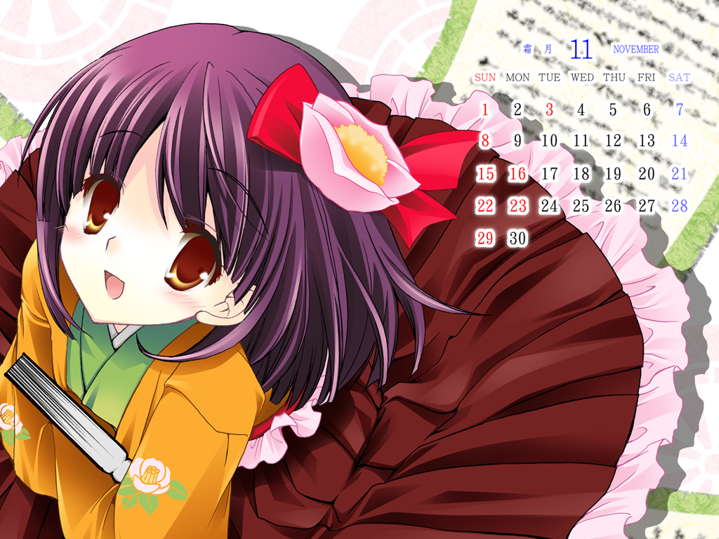 rinka, rinka (ri ko), hieda no akyuu, touhou, 1girl, book, calendar, female focus, flower, japanese clothes, november, purple hair, short hair, solo, yellow eyes