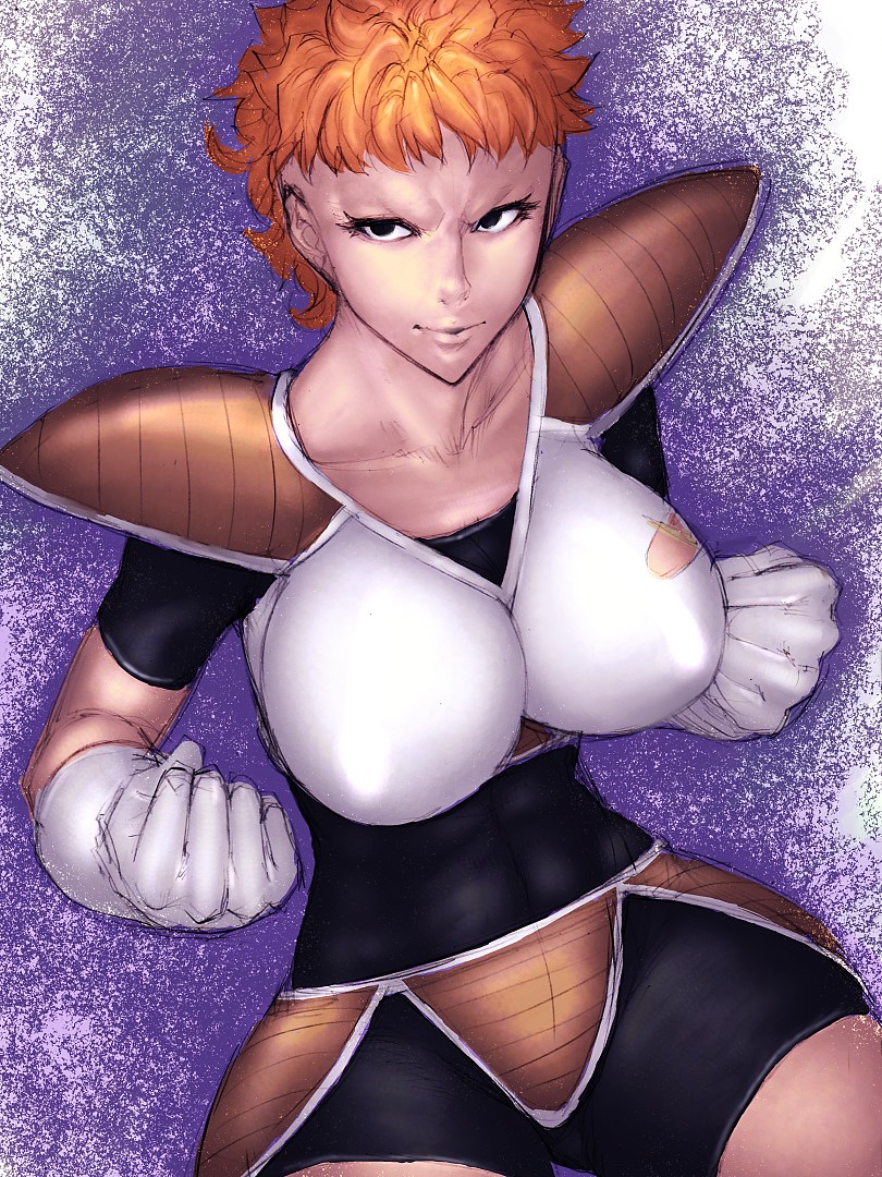 fumio (rsqkr), recoome, dragon ball, dragonball z, 1girl, armor, breasts, female focus, genderswap, genderswap (mtf), gloves, large breasts, red hair, short hair, solo