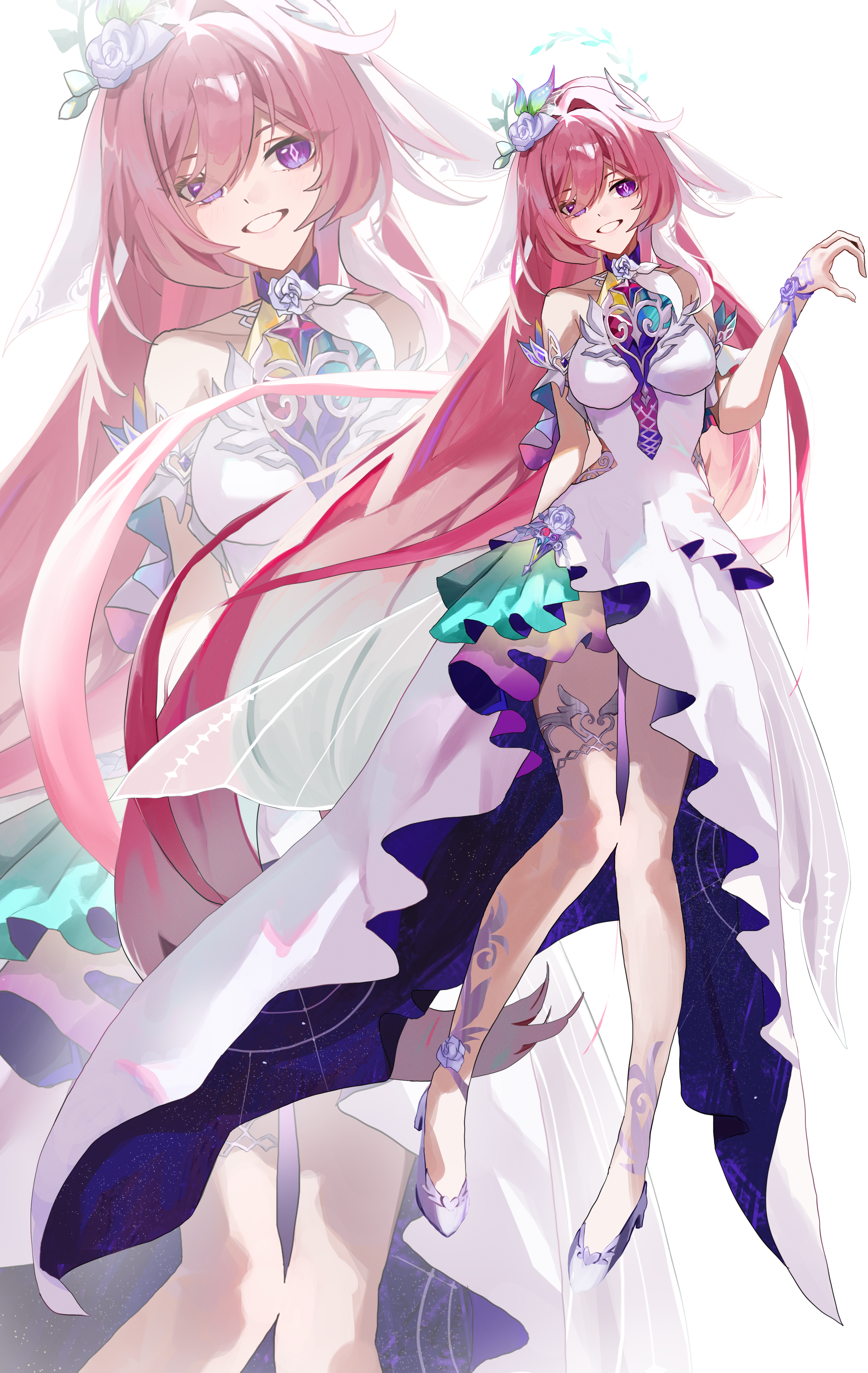 harutoman, cyrene (demiurge) (honkai: star rail), cyrene (honkai: star rail), elysia (herrscher of human: ego) (honkai impact), elysia (honkai impact), inoue marina, honkai: star rail, honkai (series), honkai impact 3rd, absurdres, commentary request, highres, 1girl, bare shoulders, breasts, collarbone, cosplay, cyrene (honkai: star rail) (cosplay), dress, flower, grin, hair flower, hair intakes, hair ornament, high-low dress, large breasts, long hair, looking at viewer, pink hair, purple eyes, shoes, simple background, sleeveless, sleeveless dress, smile, solo, very long hair, voice actor connection, white background, white dress, white shoes, yanning, zoom layer