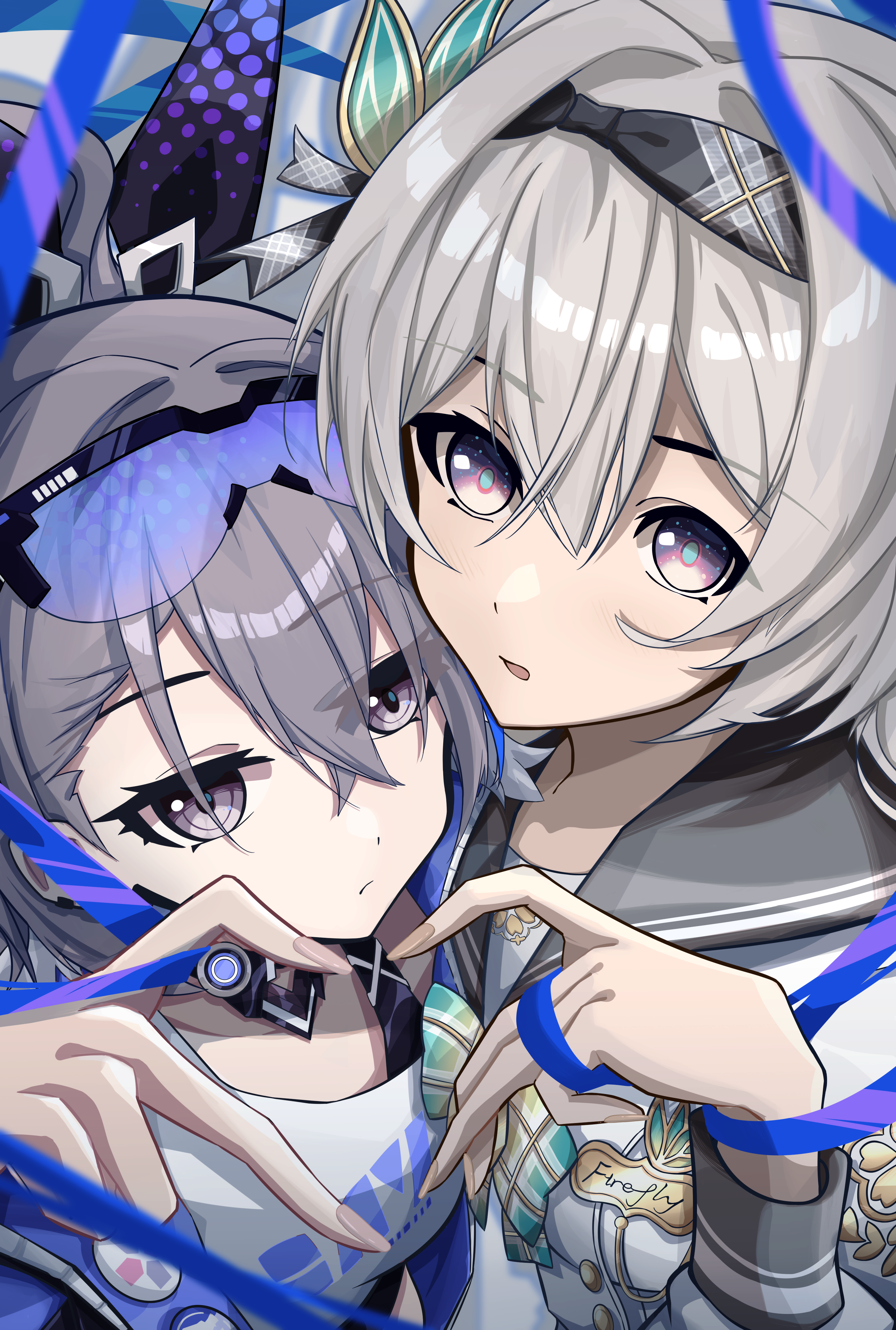 mutsu aya, firefly (honkai: star rail), firefly (spring missive) (honkai: star rail), silver wolf (honkai: star rail), honkai: star rail, honkai (series), absurdres, commentary request, highres, 2girls, choker, eyewear on head, four-finger heart hands, grey hair, hair between eyes, hair ribbon, headband, heart, heart hands, looking at viewer, multicolored eyes, multiple girls, official alternate costume, parted lips, ribbon, school uniform, serafuku, shirt, two-tone eyes