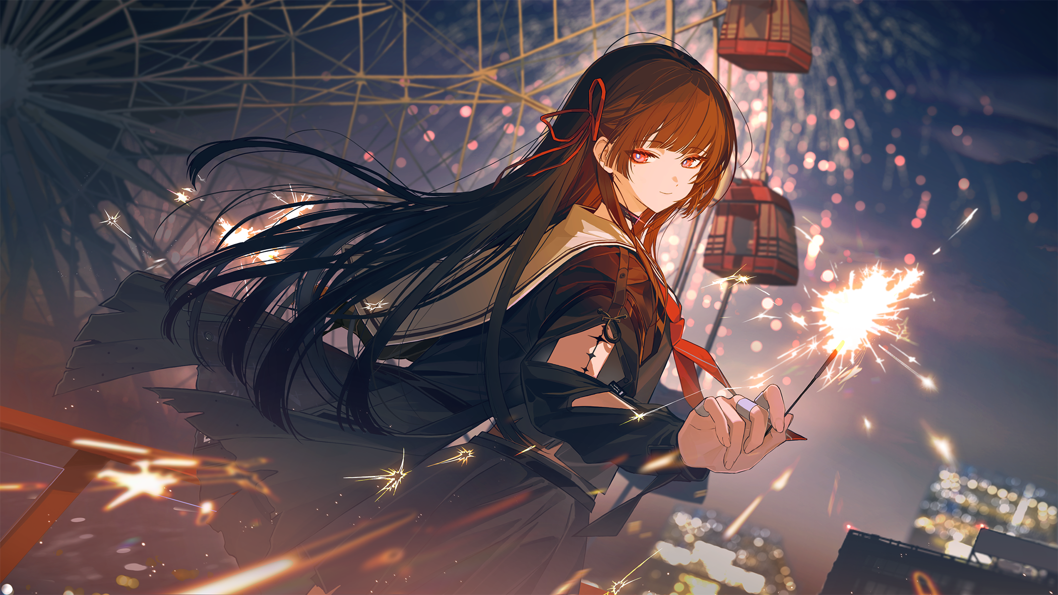 kurohush, chisa (wuthering waves), wuthering waves, chinese commentary, commentary request, highres, official art, 1girl, aerial fireworks, arm cutout, black hair, black jacket, black serafuku, black skirt, closed mouth, clothing cutout, cowboy shot, fireworks, from side, hair ribbon, holding, holding fireworks, jacket, long hair, long sleeves, looking at viewer, looking to the side, night, red ribbon, ribbon, sailor collar, school uniform, serafuku, skirt, smile, solo, sparkler, tacet mark (wuthering waves), white sailor collar