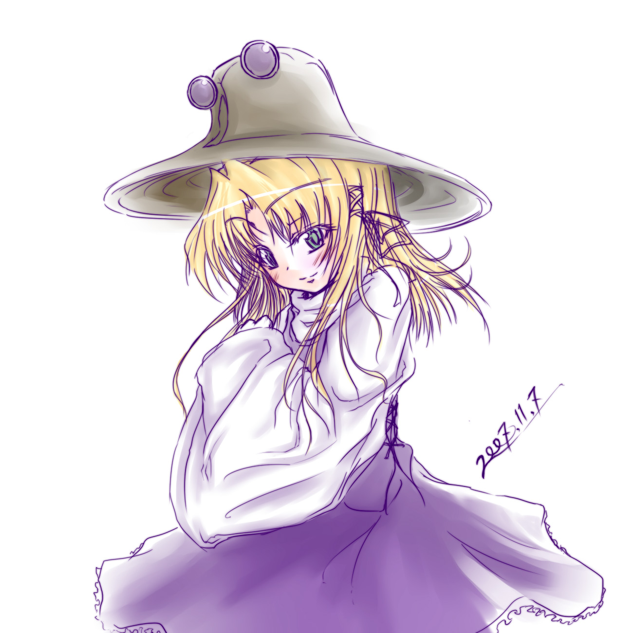 hima rakugaki, moriya suwako, touhou, highres, 1girl, 2007, blonde hair, closed mouth, dated, dress, female focus, green eyes, hat, purple dress, simple background, solo, white background, wide sleeves