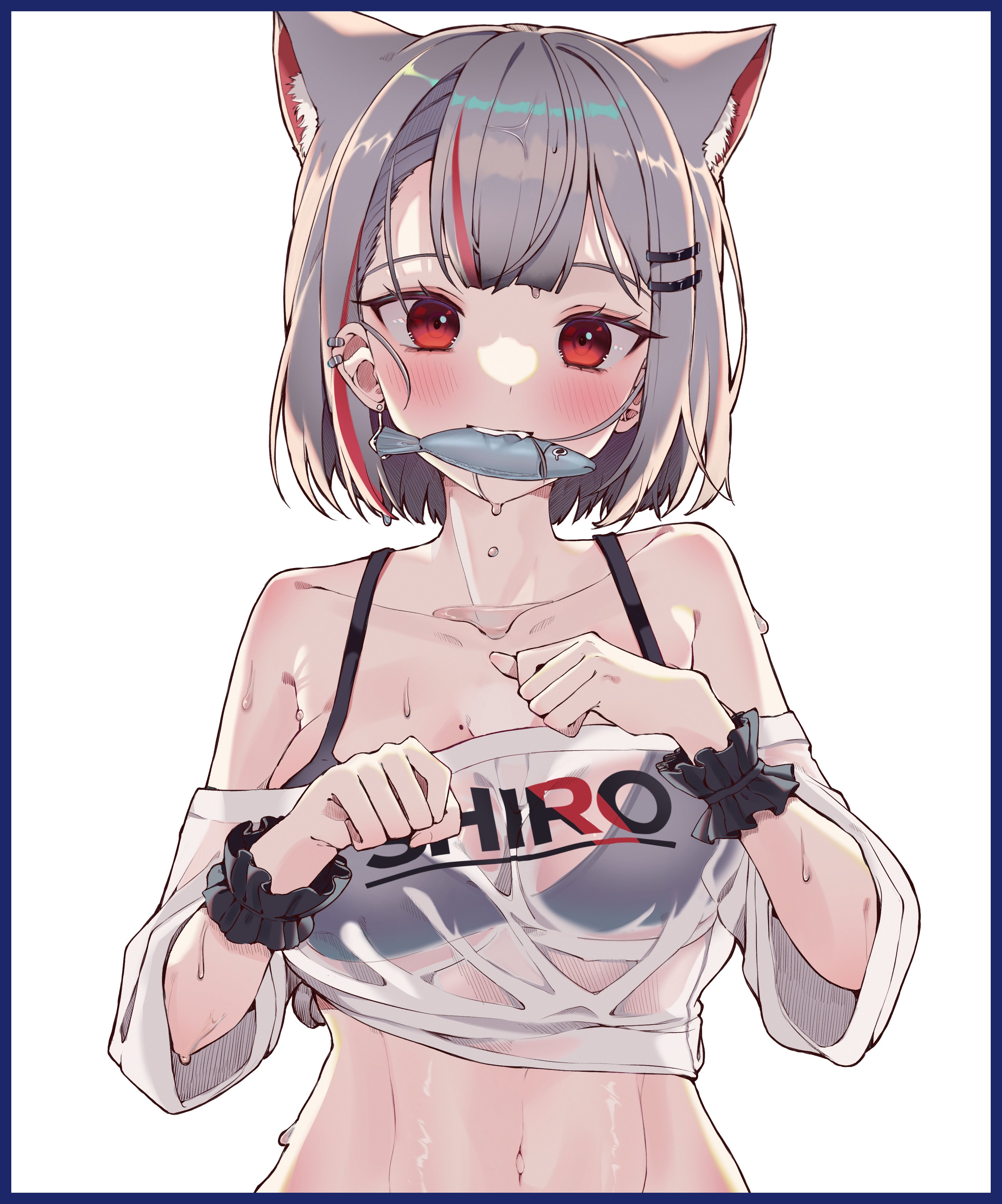 neneko mashiro, stellive, absurdres, hashtag-only commentary, highres, 1girl, animal ears, animal in mouth, bare shoulders, black bra, blue border, blush, bob cut, border, bra, breasts, cat ears, cat girl, character name, clothes writing, crop top, cropped shirt, earclip, fish, grey hair, hair ornament, hairclip, hands up, large breasts, looking at viewer, masinneun seutaking, midriff, multicolored hair, navel, off-shoulder shirt, off shoulder, parallel hairclips, print shirt, red eyes, see-through clothes, see-through shirt, shirt, short hair, short sleeves, simple background, solo, streaked hair, underwear, upper body, virtual youtuber, water drop, wet, wet clothes, wet hair, wet shirt, white background, white shirt