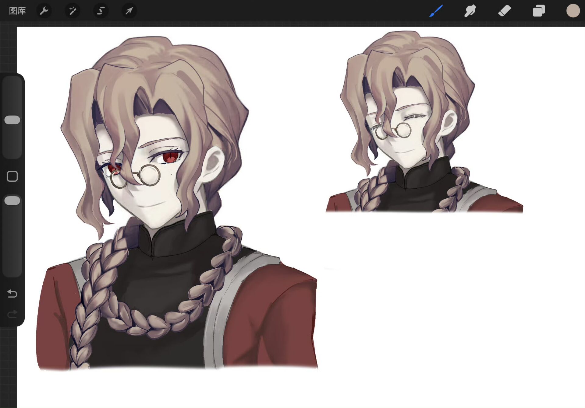 marisbury animusphere, michael roa valdamjong, tarantella (fate), fate/grand order, fate (series), commentary request, highres, 1boy, art tools in frame, blonde hair, braid, braided ponytail, closed eyes, glasses, hair between eyes, look-alike, looking at viewer, male focus, priest, red eyes, smile, takeuchi takashi (style), upper body, vampire, wholelottalovi1