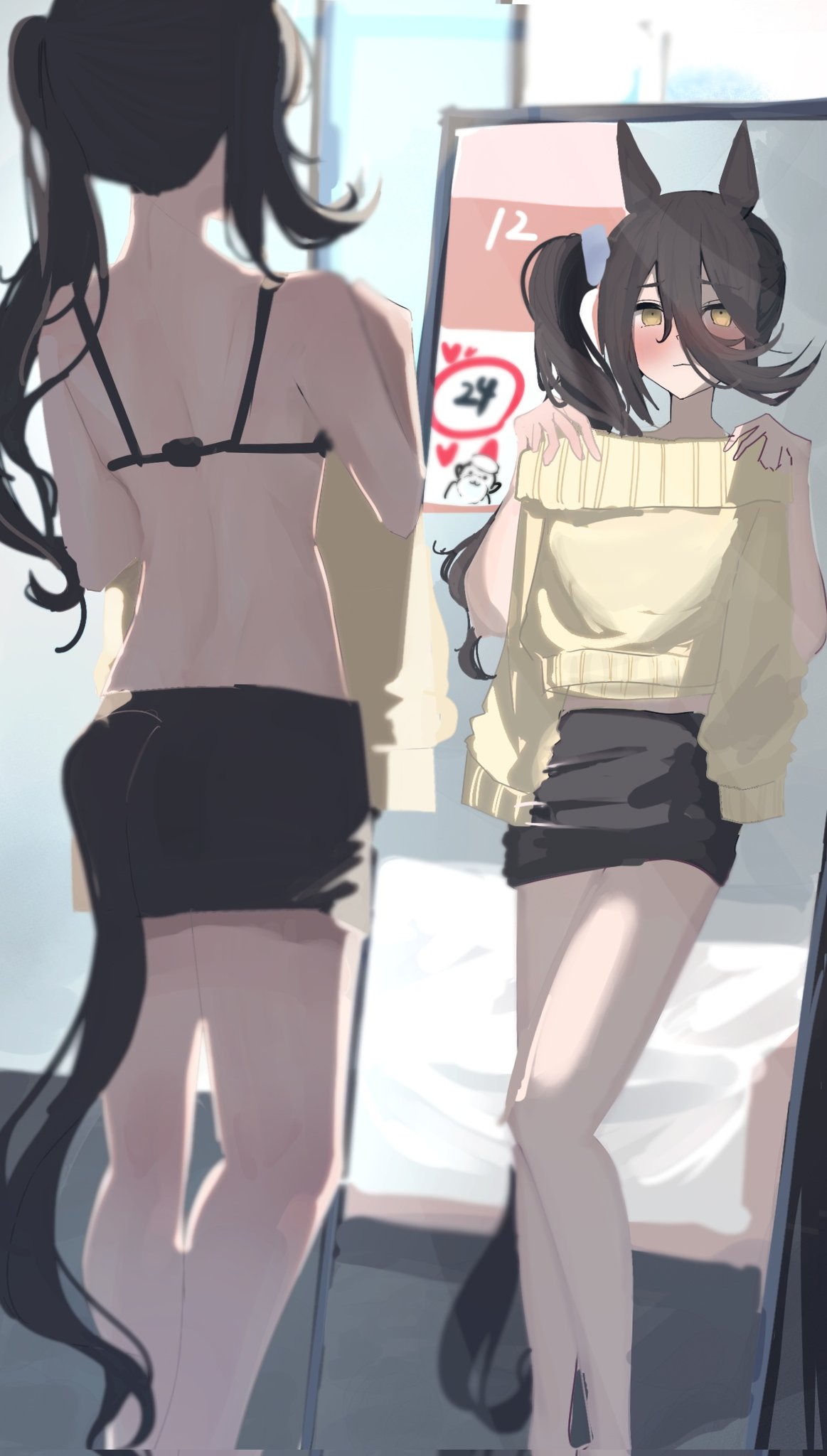 sll80jodo758038, manhattan cafe (umamusume), umamusume, commentary request, highres, 1girl, alternate hairstyle, animal ears, black bra, black hair, black skirt, blush, bra, closed mouth, hair between eyes, hair ornament, hair scrunchie, holding, holding unworn clothes, horse ears, horse girl, horse tail, indoors, long bangs, long hair, looking at mirror, loosely tucked bangs, miniskirt, mirror, off-shoulder sweater, off shoulder, ponytail, scrunchie, side ponytail, skirt, solo, standing, sweater, tail, underwear, unworn sweater, yellow eyes, yellow sweater